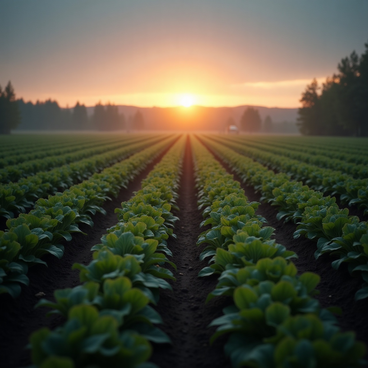 rows of crops at sunrise