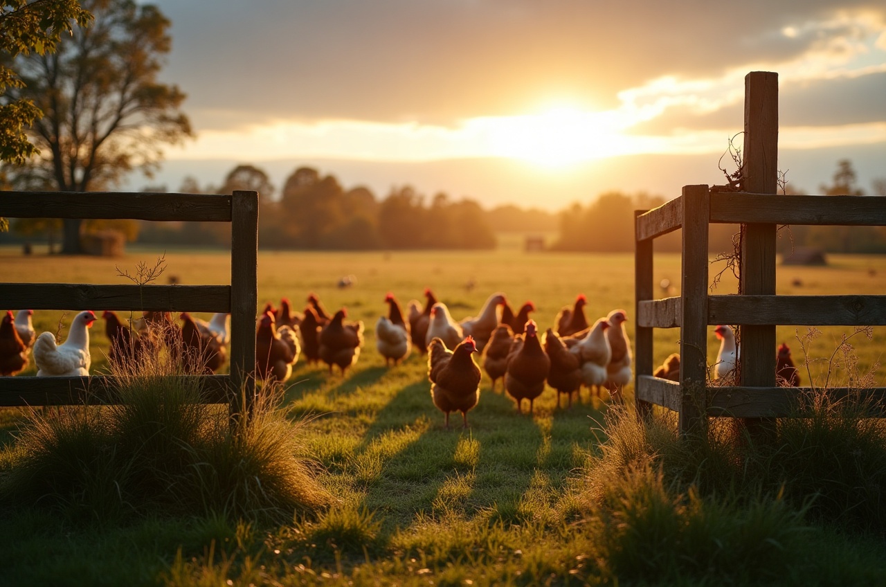 Wide paddock at golden hour with chickens spread across open grass, a weathered timber gate in the foreground