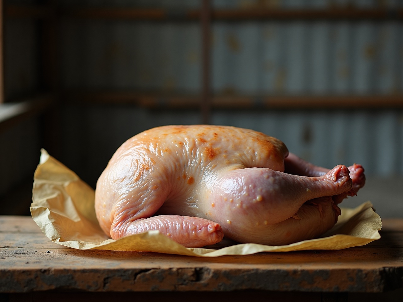 A whole dressed chicken resting on butcher paper on a timber bench