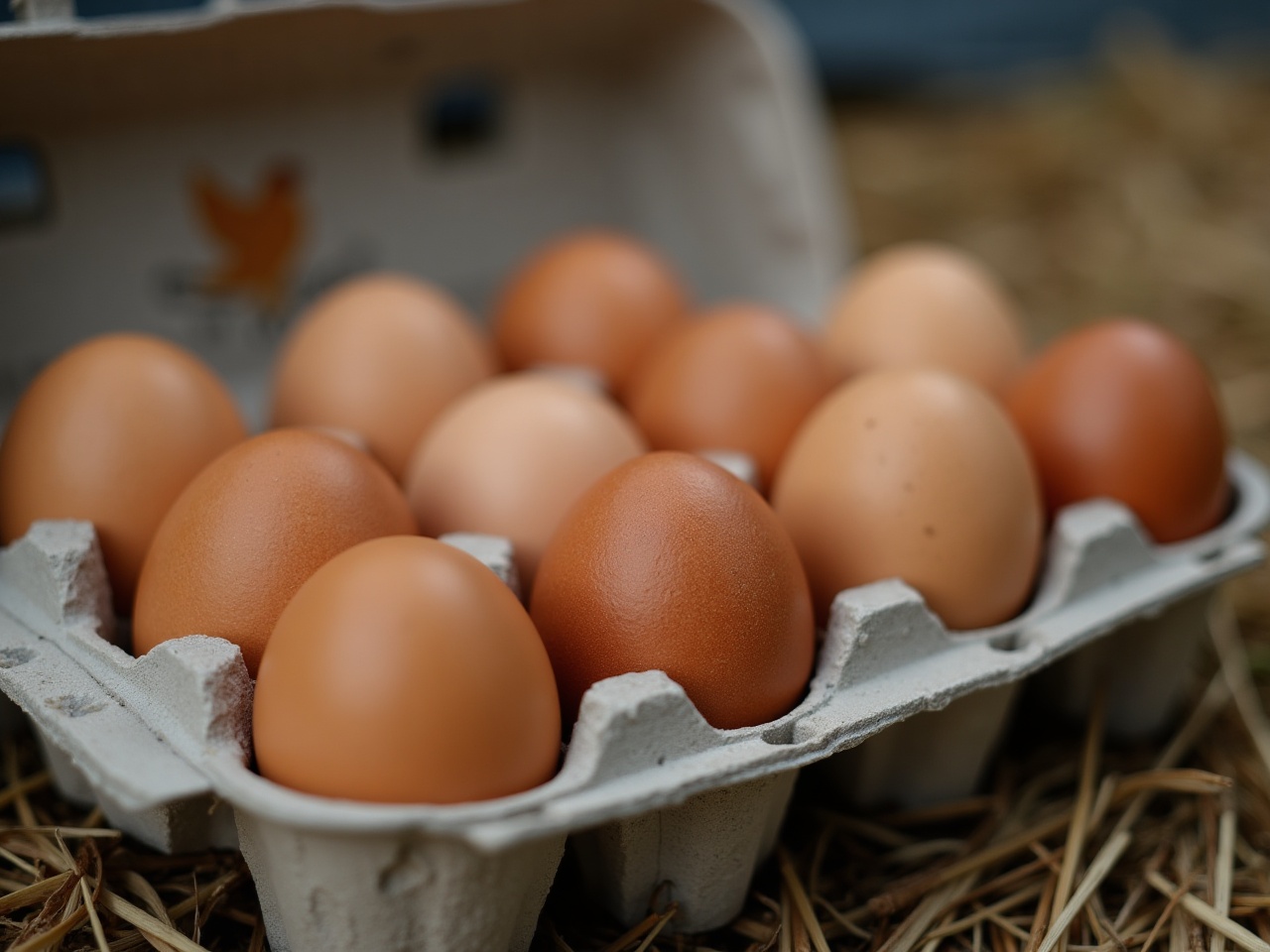 An open egg carton with a dozen brown eggs, straw visible underneath