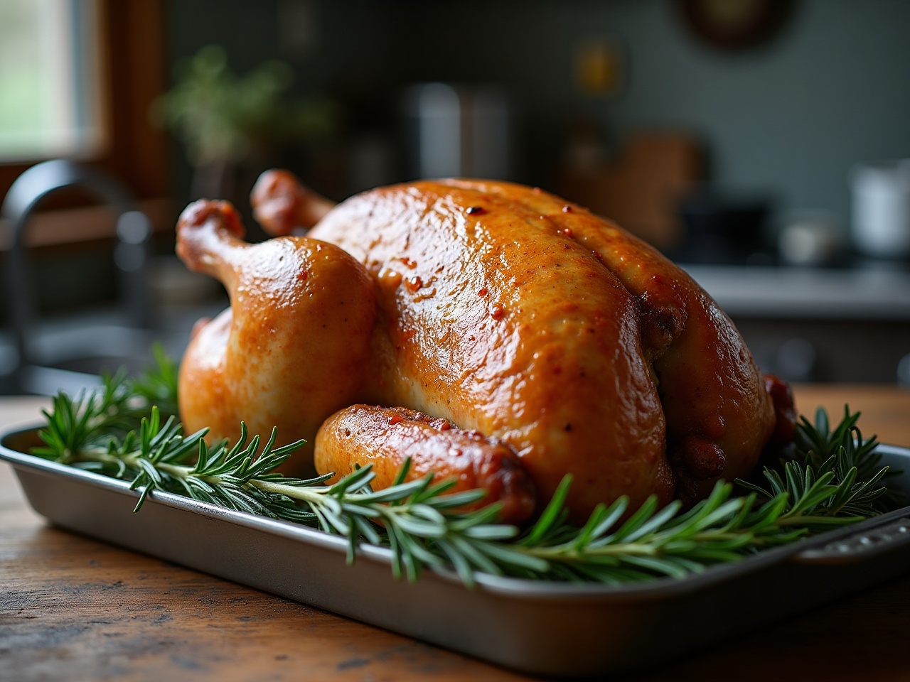 A larger whole chicken next to rosemary sprigs and a roasting tray on a kitchen bench