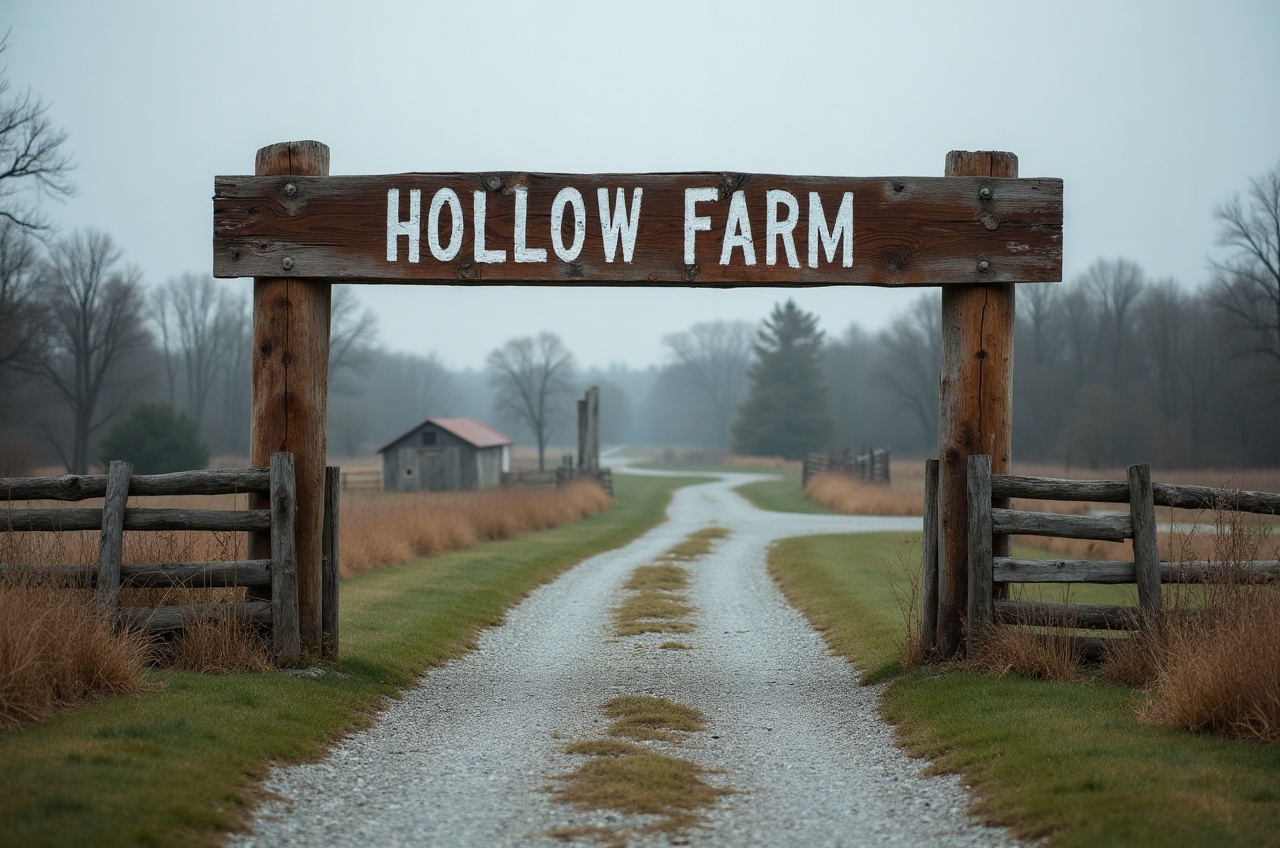 A hand-painted timber sign reading Hollow Farm at the entrance to a gravel driveway